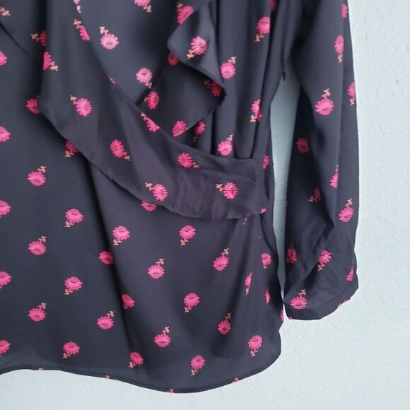 Ann Taylor Black Floral Ruffle Wrap Top - Picture 2 of 6